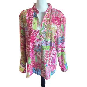 CJ Banks Jacket Women's 2X Pink Patchwork Floral Print‎ Embroidered Stretch